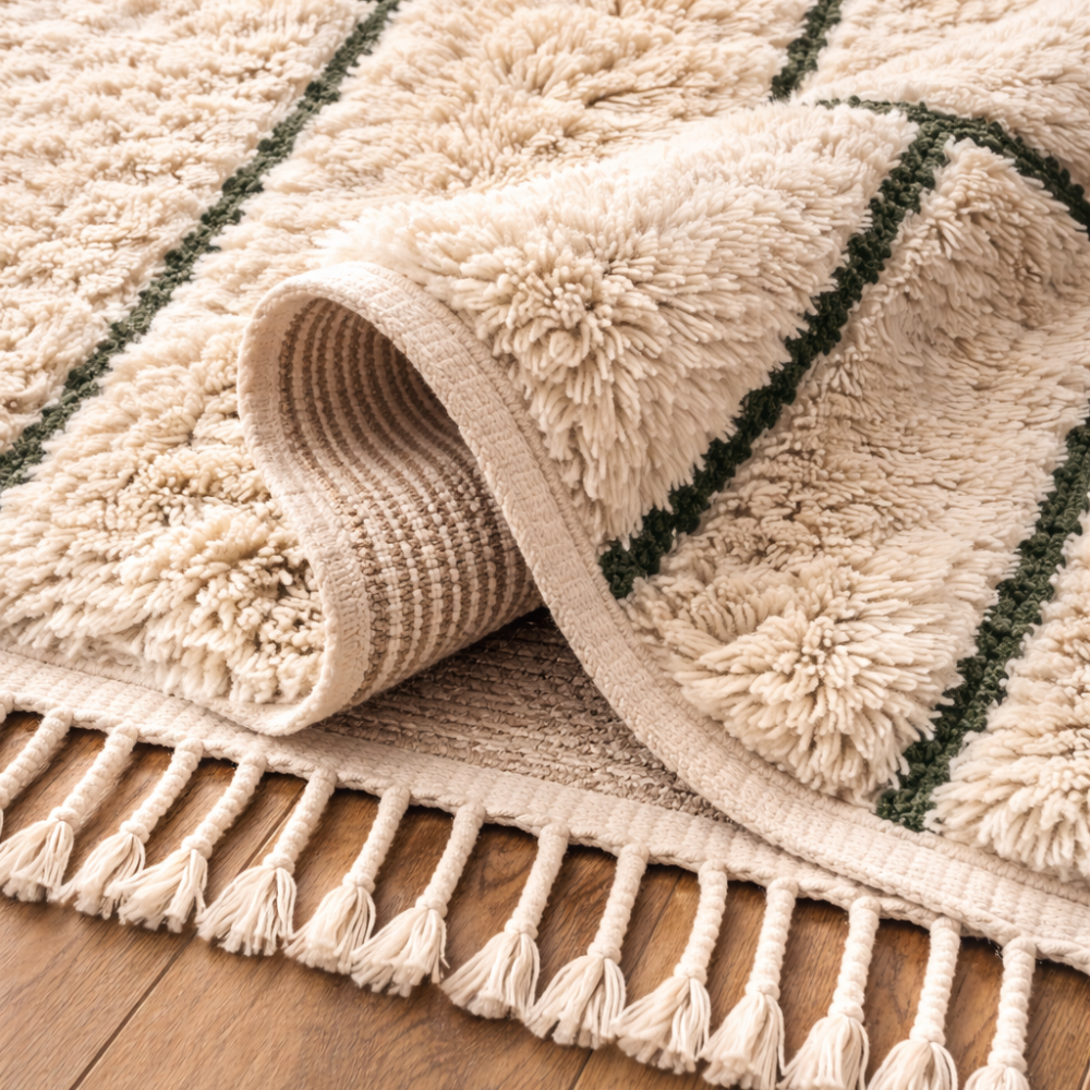 Tapis Berbère en Laine Béni Ouarain, Vert et Crème