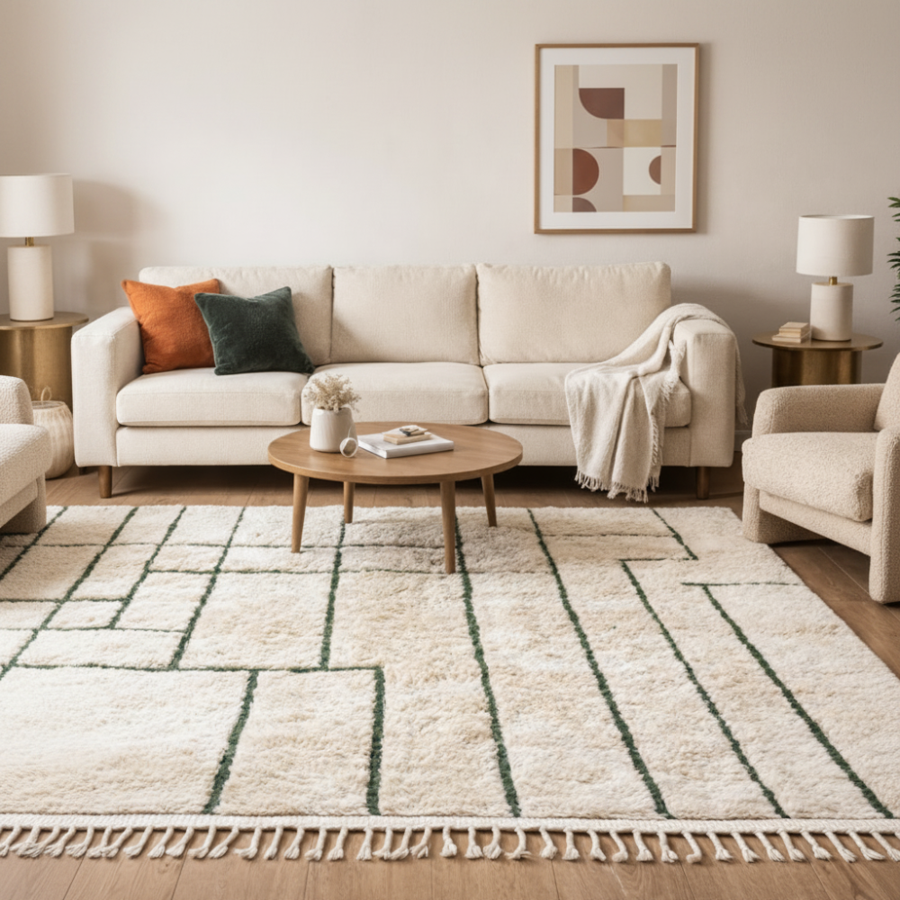 Tapis Berbère en Laine Béni Ouarain, Vert et Crème