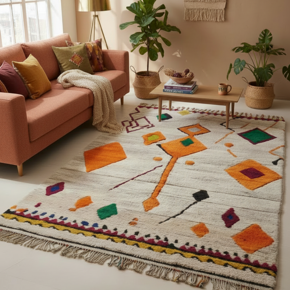 Tapis Berbere Azilal écru Losanges Géométriques Laine Fait Main