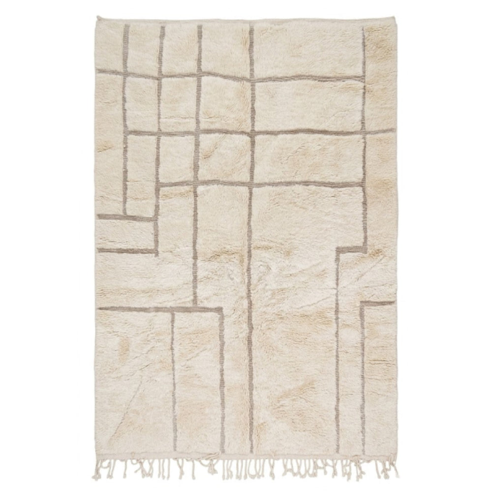 Tapis Berbere Beni Ouarain Crème en Laine – Design Géométrique Asymétrique