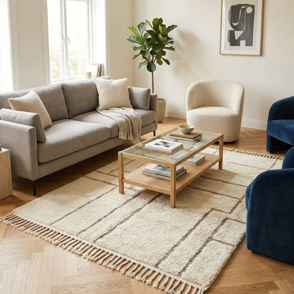 Tapis Berbere Beni Ouarain Crème en Laine – Design Géométrique Asymétrique