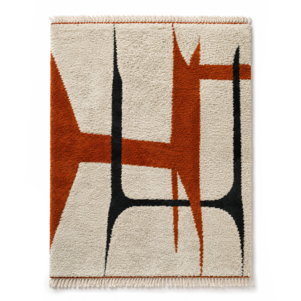 Tapis Berbère Béni Ouarain En Laine Fait Main - Motif Abstrait Terracotta et Noir