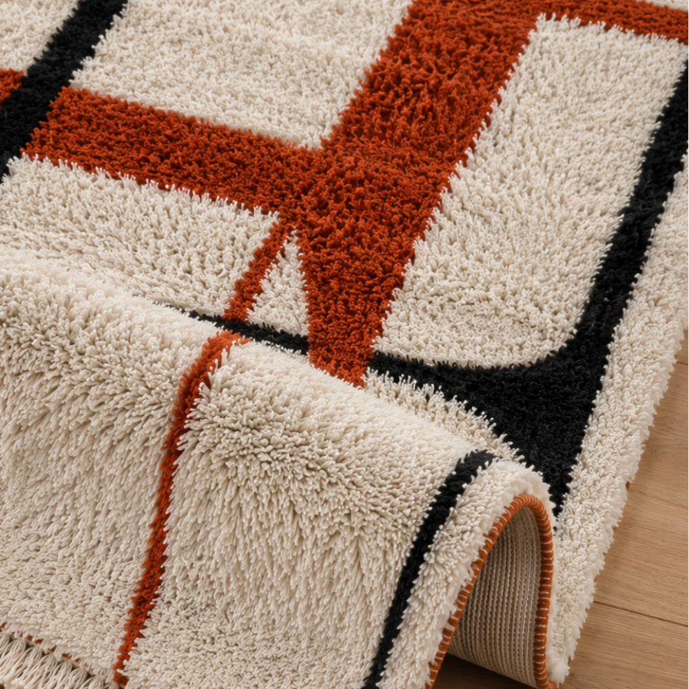Tapis Berbère Béni Ouarain En Laine Fait Main - Motif Abstrait Terracotta et Noir