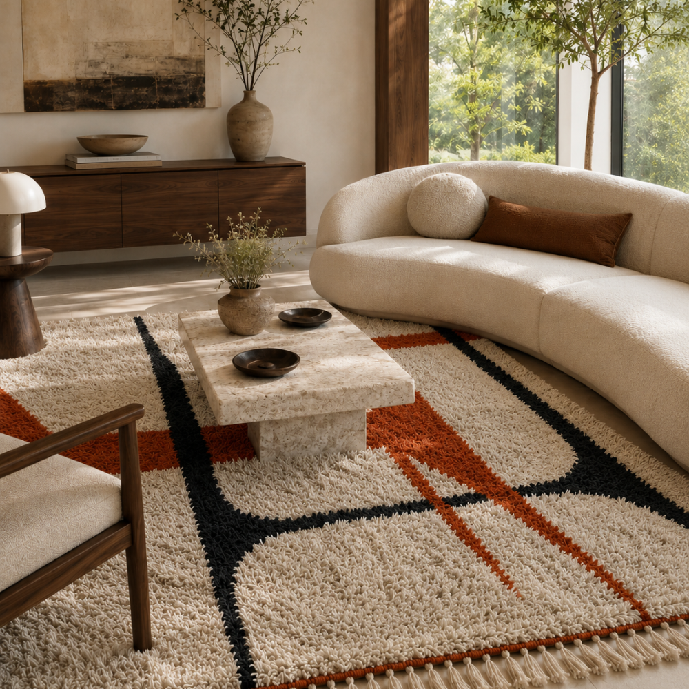 Tapis Berbère Béni Ouarain En Laine Fait Main - Motif Abstrait Terracotta et Noir