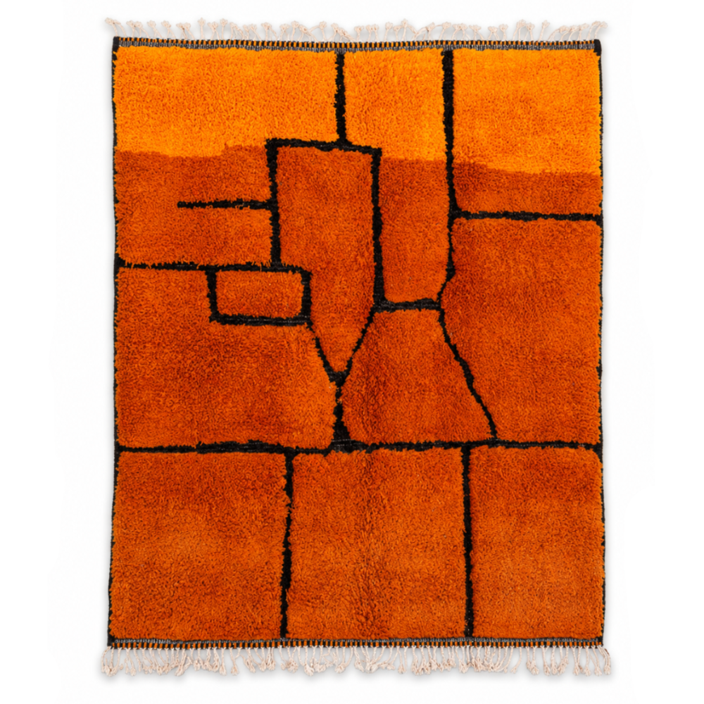 Tapis Berbère Boujad Fait Main En Laine - Orange et Noir