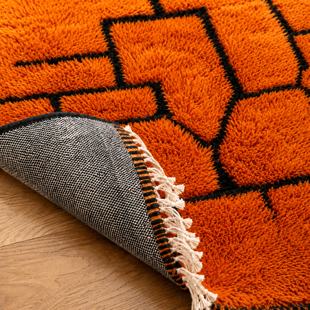 Tapis Berbère Boujad Fait Main En Laine - Orange et Noir