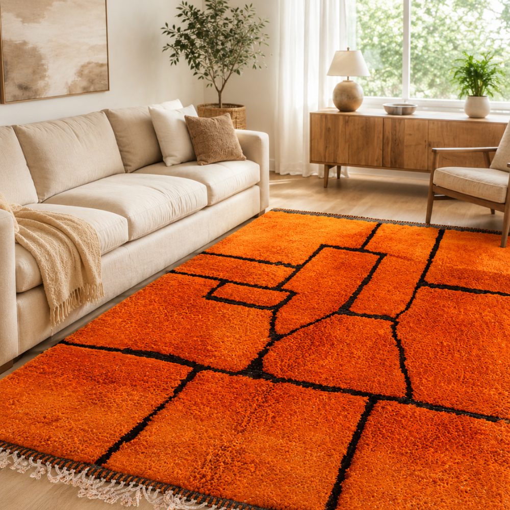 Tapis Berbère Boujad Fait Main En Laine - Orange et Noir