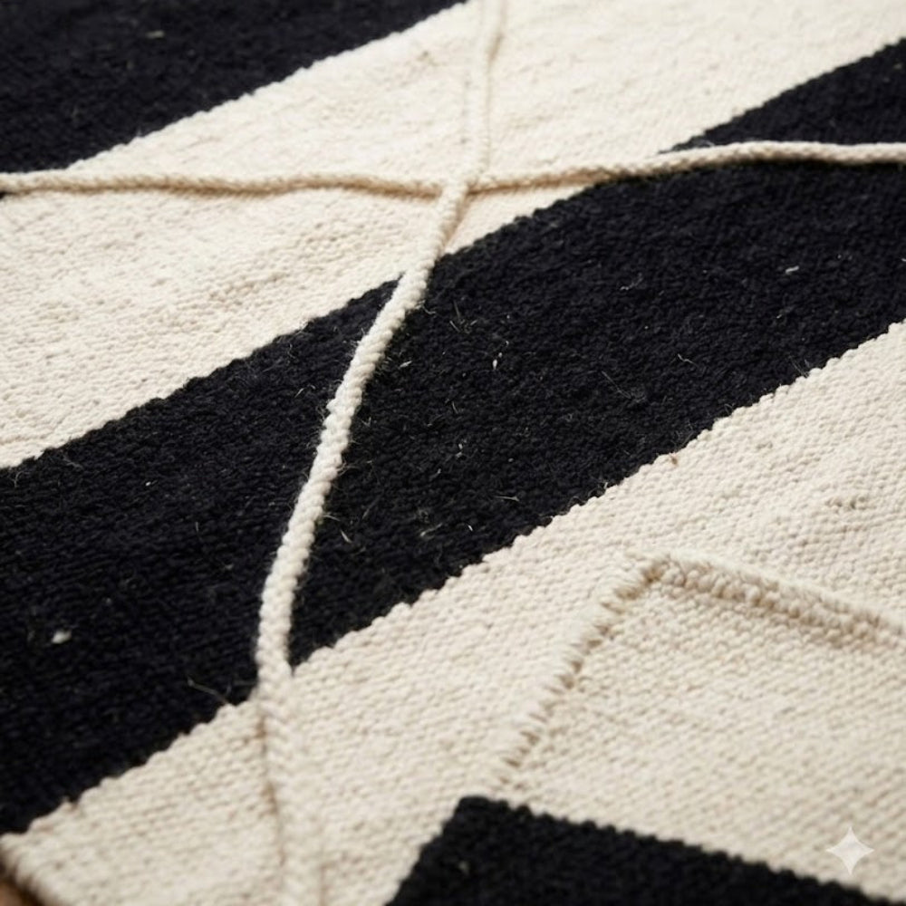 Tapis Berbere Zanafi Fait Main – Laine Naturelle Rayures Noires et Blanches