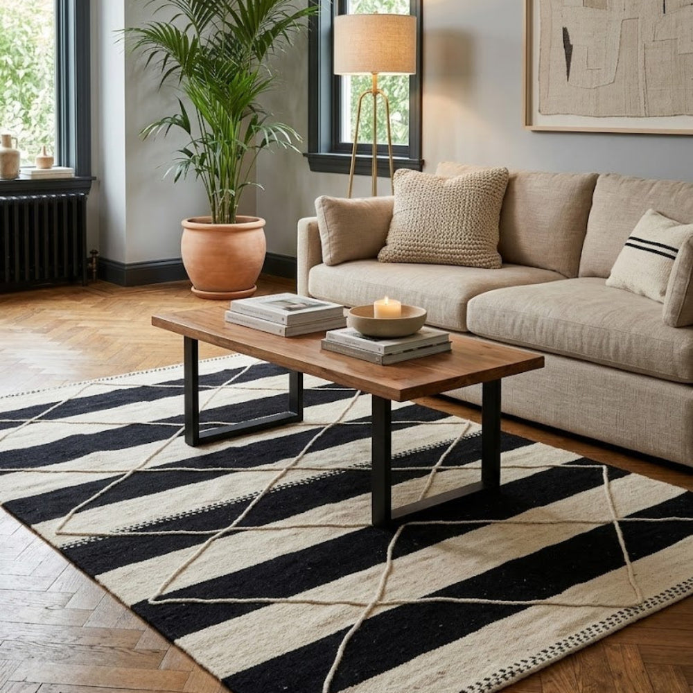 Tapis Berbere Zanafi Fait Main – Laine Naturelle Rayures Noires et Blanches